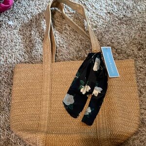 Draper James Tan and Black Tote Bag with Woven Texture